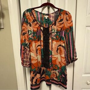 Odille Vibrant Floral Blouse with Black Lace Detail